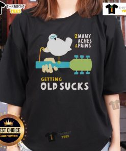 Alt Text: Funny old bird graphic on a ladies tee shirt, humorously expressing the aches and pains of getting old.