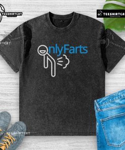 Funny Onlyfarts logo parody on a washed t-shirt, showcasing humor and creativity in casual fashion.
