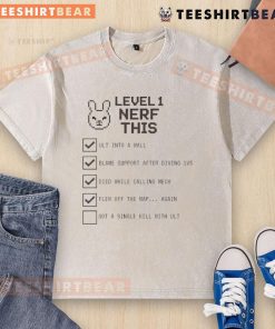 Funny Overwatch D.Va Level 1 Nerf This Gamer Checklist on a washed t-shirt, perfect for gaming enthusiasts.