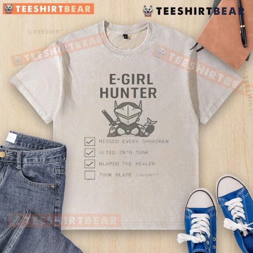 Alt Text: Funny Overwatch Genji E-Girl Hunter Gamer Checklist graphic on a washed t-shirt, perfect for gaming enthusiasts.