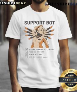 Funny Overwatch Mercy Support Bot Gamer Checklist T-Shirt design featuring humorous gaming graphics and vibrant colors.