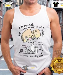 Funny party tank top featuring a mouse with cheese and the phrase 'Rock Is In The Mouse Tonight' for a playful look.