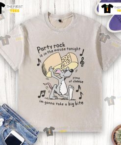 Funny party rock mouse graphic on a washed t-shirt with cheese image, perfect for casual wear and humor lovers.