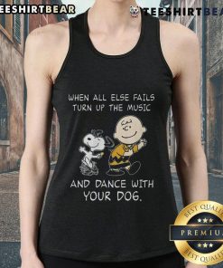 Alt Text: Funny Peanuts Snoopy tank top: 'When all else fails, turn up the music and dance with your dog' design.