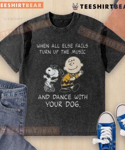 Alt Text: Funny Peanuts Snoopy t-shirt featuring Snoopy dancing with his dog, perfect for music lovers and dog owners.