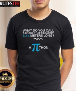 Alt Text: Funny Pie Math T-Shirt featuring a pun: 'What do you call a snake that's exactly 3.14 meters long? A Python!'