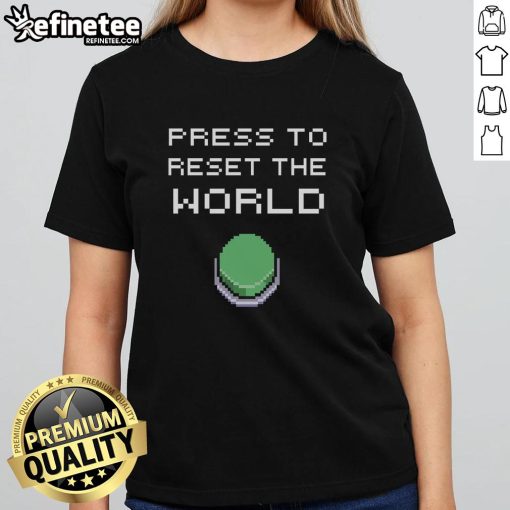 Funny Press To Reset The World 8bit Ladies Tee featuring a playful retro design for gamers and humor lovers.