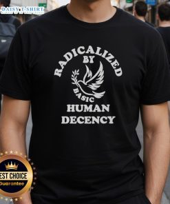 Funny Radicalized By Basic Human Decency T-Shirt design featuring bold text and vibrant colors, perfect for humor lovers.