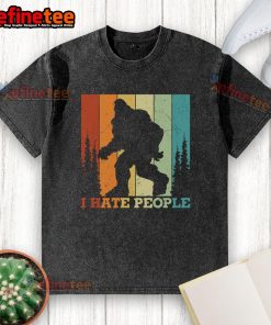Funny retro Bigfoot silhouette on a washed t-shirt with 'I Hate People' text, perfect for Sasquatch enthusiasts.