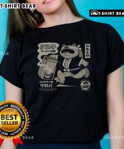 Funny retro Japanese tanuki ramen delivery tee featuring noodle ladies in a whimsical design, perfect for food lovers.