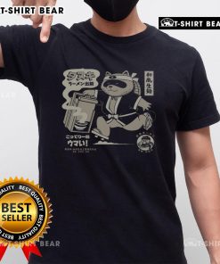 Funny retro Japanese tanuki ramen delivery noodle T-shirt featuring a playful tanuki with noodles and chopsticks design.
