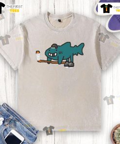 Funny San Jose Sharks art on a washed t-shirt, showcasing vibrant colors and playful design for hockey fans.