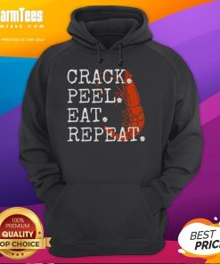 Funny seafood hoodie featuring 'Crack, Peel, Eat, Repeat' shrimp design, perfect for seafood lovers and casual wear.