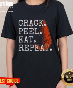 Funny Seafood Crack Peel Eat Repeat Shrimp Ladies Tee featuring a playful shrimp graphic and vibrant colors.
