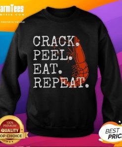 Alt Text: Funny seafood crack peel eat repeat shrimp sweatshirt design featuring playful graphics and vibrant colors.