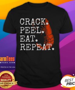 Alt Text: Humorous shrimp t-shirt design featuring Funny Seafood Crack Peel Eat Repeat slogan, perfect for seafood lovers.