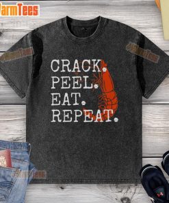 Funny seafood crack peel eat repeat shrimp design on a washed T-shirt, perfect for seafood lovers and casual wear.