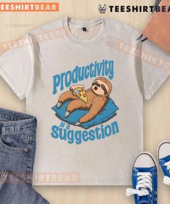 Funny sloth graphic on a washed t-shirt with the text Productivity is a suggestion for a humorous, relaxed vibe.
