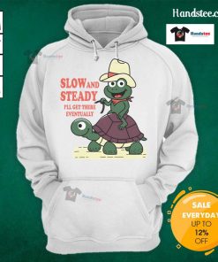 Funny slow and steady cowboy turtle and frog design on a hoodie, perfect for humor lovers and unique fashion enthusiasts.