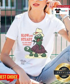 Alt Text: Funny slow and steady cowboy turtle and frog design on a ladies tee, perfect for casual and humorous outfits.
