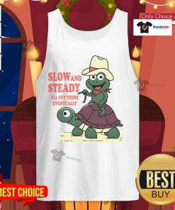 Funny slow and steady cowboy turtle frog design on a tank top, perfect for casual wear and lighthearted fashion.