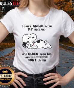 Funny Snoopy tee featuring the quote about husbands and age humor, perfect for ladies who appreciate witty shirts.