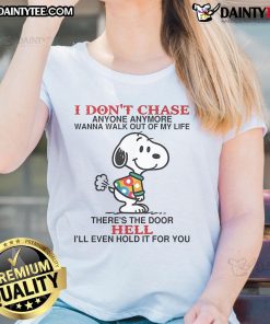 Funny Snoopy 'I Don't Chase Anyone Anymore' ladies tee featuring a playful design and vibrant colors.