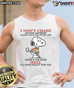 Alt Text: Funny Snoopy tank top featuring I Don't Chase Anyone Anymore design, perfect for casual wear and dog lovers.