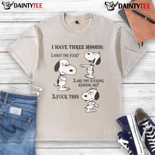 Funny Snoopy I Have Three Moods washed t-shirt featuring playful Snoopy design for casual wear and fun vibes.
