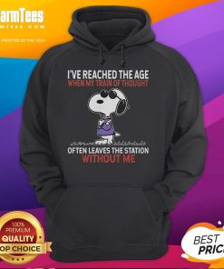 Alt Text: Funny Snoopy hoodie featuring the quote about thoughts leaving the station, perfect for casual wear and laughs.