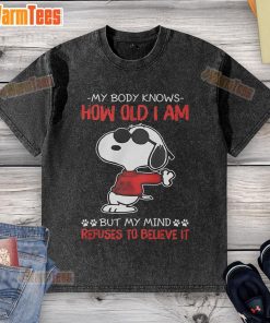 Funny Snoopy 'My Body Knows How Old I Am' washed t-shirt showcasing a playful design and vibrant colors.
