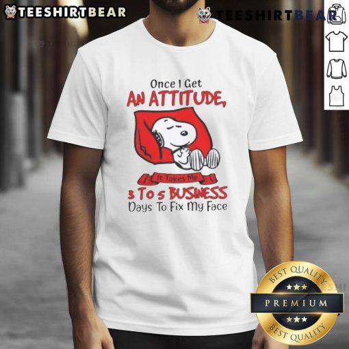 Alt Text: Funny Snoopy t-shirt featuring the quote about attitude, perfect for casual wear and humor lovers.
