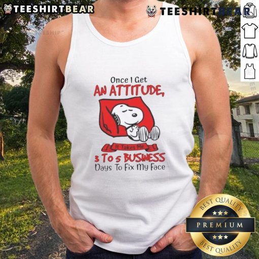 Funny Snoopy tank top featuring the phrase about attitude, perfect for casual wear and fans of Peanuts cartoon humor.