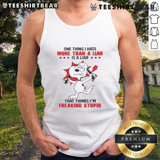 Alt Text: Funny Snoopy tank top with the quote about liars, perfect for casual wear and expressing your humor.