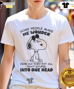 Funny Snoopy graphic tee featuring the phrase about fitting stupidity in one head, perfect for humor lovers.