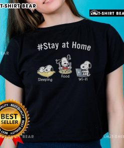 Funny Snoopy stay-at-home sleeping graphic on a food and Wi-Fi themed Peanuts ladies tee shirt.