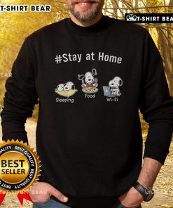 Funny Snoopy stay-at-home sweatshirt featuring Snoopy sleeping with food and Wi-Fi, perfect for Peanuts fans.