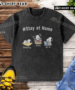 Funny Snoopy staying at home, sleeping with food and Wi-Fi on a washed t-shirt from Peanuts collection.