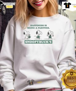 Funny Snoopybucks sweatshirt featuring 'Happiness is Being a Partner' design, perfect for coffee lovers and cozy days.