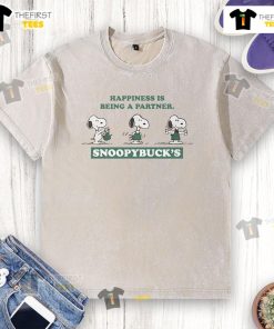Alt Text: Funny Snoopybucks T-Shirt featuring 'Happiness Is Being A Partner' design, perfect for coffee lovers and couples.