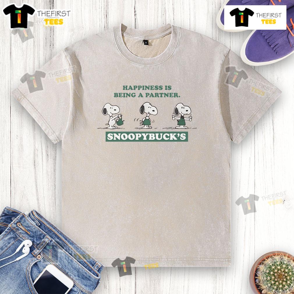 Funny Snoopybucks Happiness Is Being A Partner Coffee Washed T Shirt Alt Text: Funny Snoopybucks T-Shirt featuring 'Happiness Is Being A Partner' design, perfect for coffee lovers and couples.