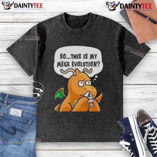 Alt Text: Funny Pokemon anime character in mega evolution design on a washed t-shirt, showcasing vibrant colors and humor.