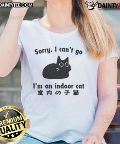 Funny 'Sorry I Can't Go, I'm an Indoor Cat' Ladies Tee featuring a playful cat design and humorous text for cat lovers.