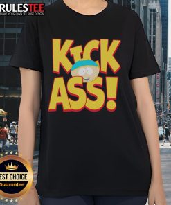 Funny South Park Cartman Kick Ass Ladies Tee featuring Cartman in a humorous pose, perfect for fans of the show.