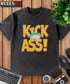 Funny South Park Cartman wearing a 'Kick Ass' washed t-shirt, showcasing a humorous cartoon character style.