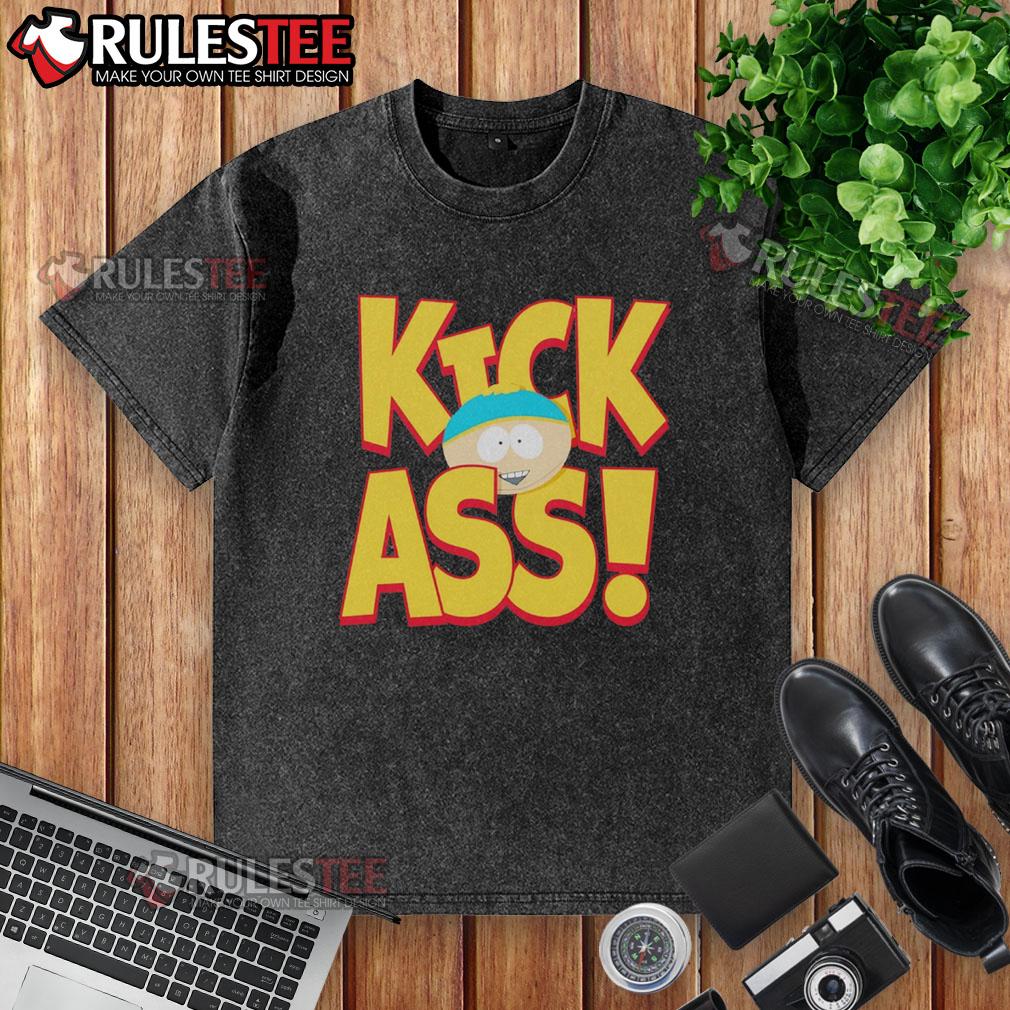 Funny South Park Cartman Kick Ass Washed T Shirt Funny South Park Cartman wearing a 'Kick Ass' washed t-shirt, showcasing a humorous cartoon character style.