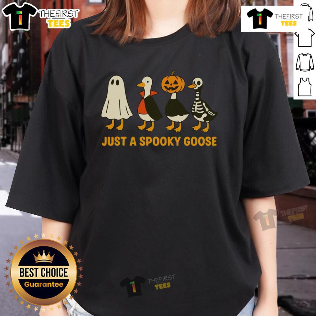 Funny Spooky Goose Goose In Halloween Costumes Ladies Tee Funny spooky goose in Halloween costumes on ladies tee, perfect for Halloween parties and festive celebrations.