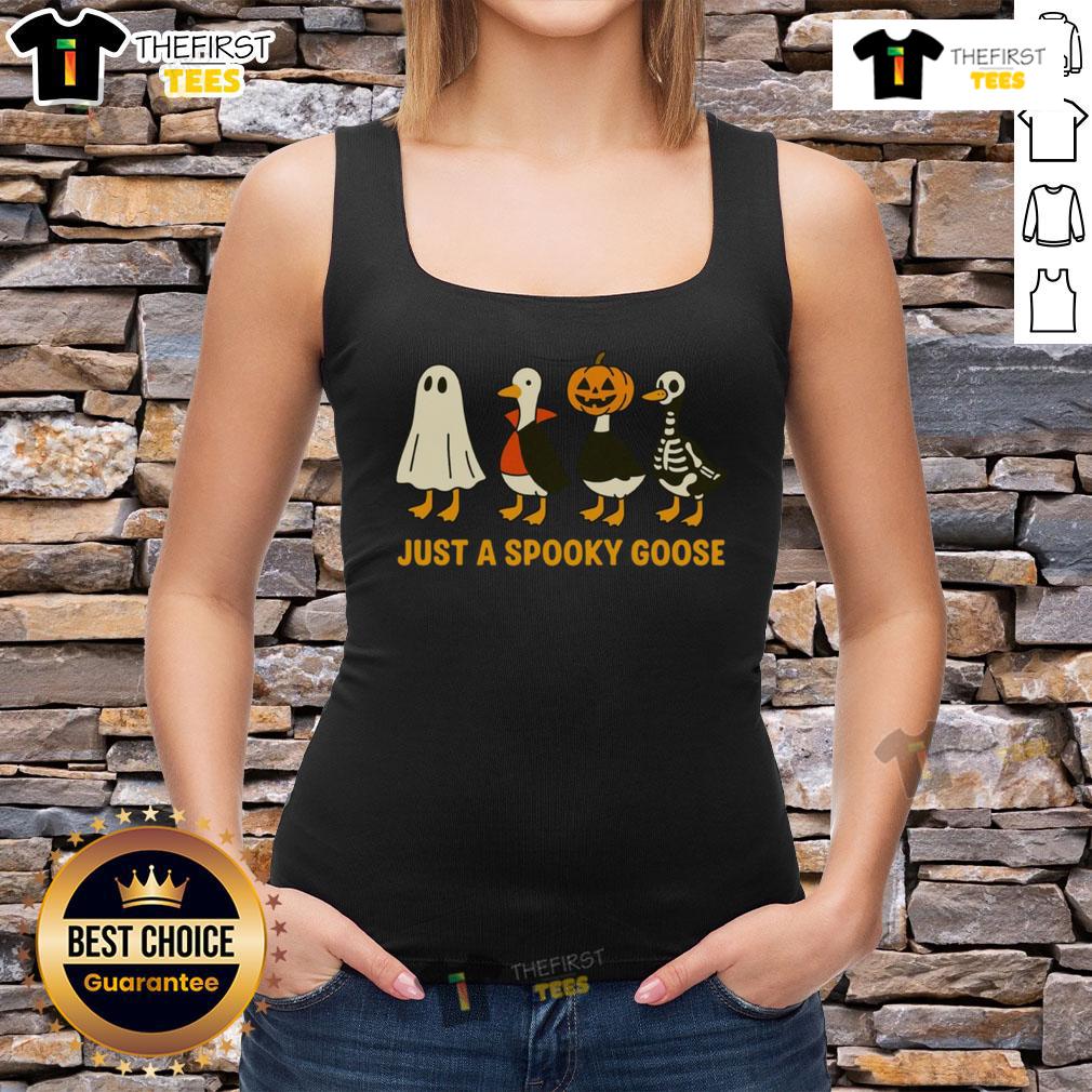 Funny Spooky Goose Goose In Halloween Costumes Tank Top Alt Text: Funny spooky goose in Halloween costumes on a tank top, perfect for festive and humorous holiday celebrations.
