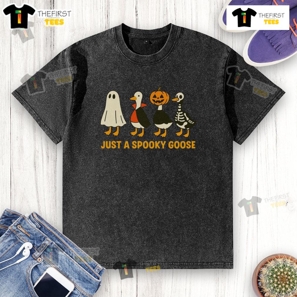 Funny Spooky Goose Goose In Halloween Costumes Washed T Shirt Funny spooky goose in Halloween costumes on a washed t-shirt, perfect for festive and quirky Halloween vibes.