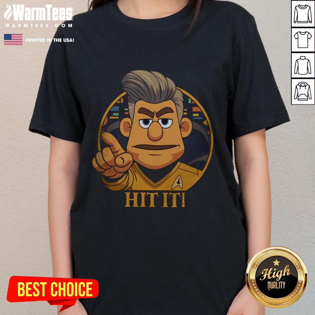 Funny Star Trek Cartoon Captain Hit It! Sci Fi Parody Ladies Tee Funny Star Trek cartoon featuring Captain in a Sci-Fi parody, perfect for ladies' tees and fans of humorous space adventures.